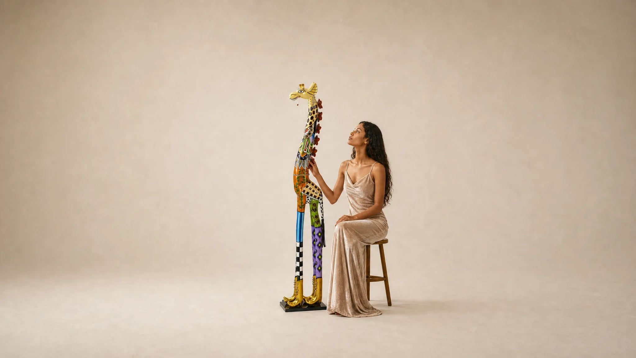 Eine Frau in einem champagnerfarbenen Samtkleid neben der handbemalten Giraffe Roxanna Deluxe